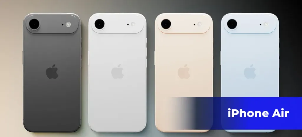 Рендер задней панели концепта iPhone Air в сером, белом, розовом и голубом цветах.