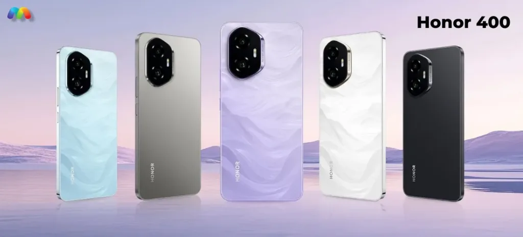 Пять смартфонов Honor 400 в разных цветах (голубой, серый, фиолетовый, белый, черный) на фоне заснеженных гор.