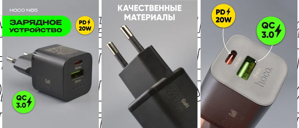 Коллаж из трех кадров, демонстрирующий Hoco N65: общий вид, детали вилки и крупный план портов с надписью "КАЧЕСТВЕННЫЕ МАТЕРИАЛЫ" и стикерами "PD 20W" и "QC 3.0"