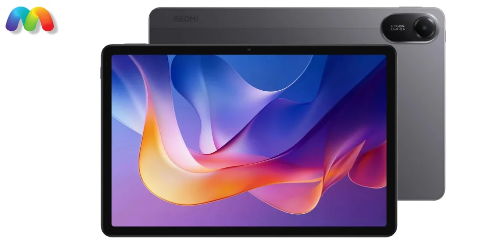 Обзор Xiaomi Redmi Pad 2 2025 2 Серый планшет Xiaomi Redmi Pad 2 с включенным экраном (абстрактные обои), а также его задняя панель с выступающим модулем камеры, логотипом "REDMI" и надписями AI CAMERA 8.0MP F/2.0.