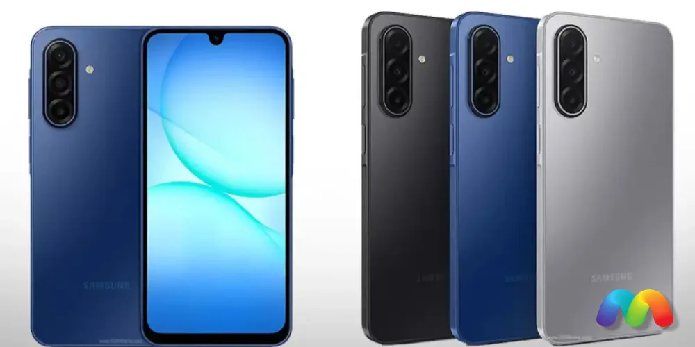 Обзор Samsung A17 2 Синий смартфон Samsung спереди и сзади, а также три смартфона: черный, синий и серебристый.