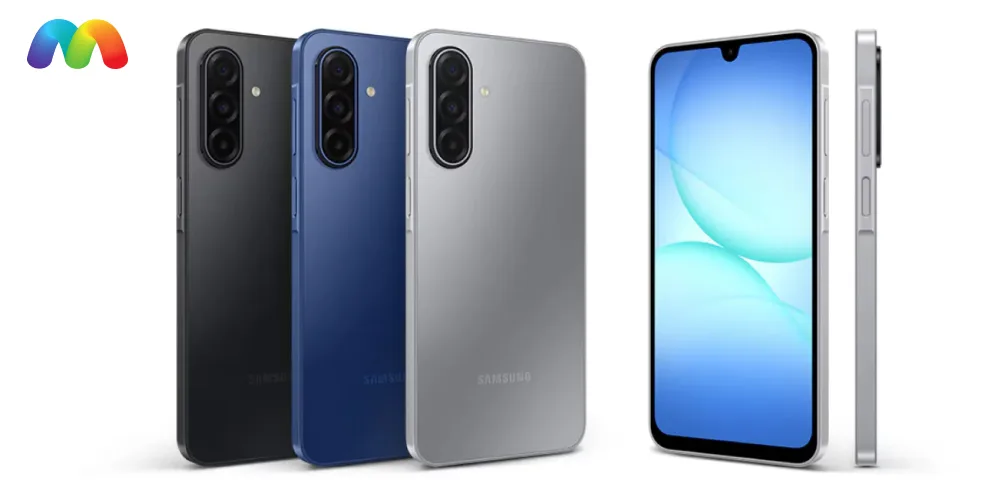 Обзор Samsung A17 3 Смартфоны Samsung черного, синего и серебристого (серого) цветов, а также отдельный вид спереди и сбоку.