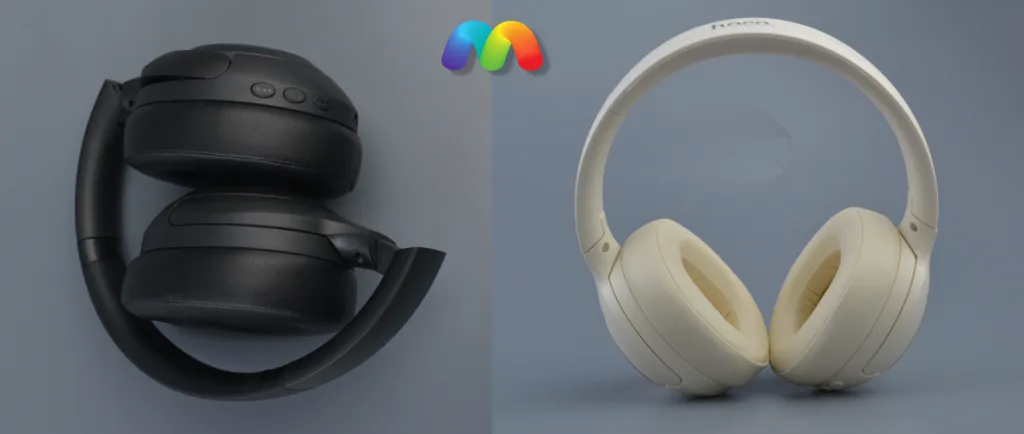 Беспроводные наушники Hoco W54 с режимом ANC 9 Сложенные черные наушники и светлые наушники Hoco. W54 на сером фоне.