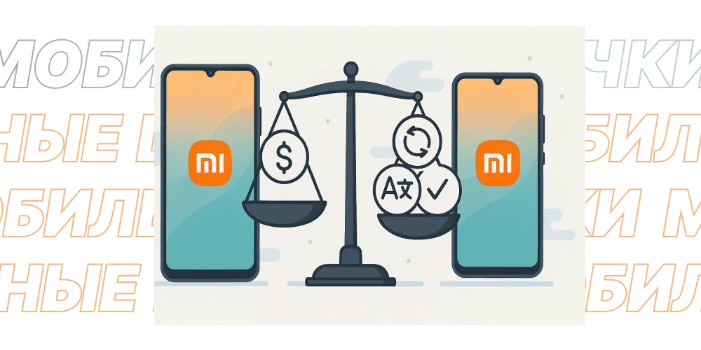 Два смартфона Xiaomi, между ними весы: на одной чаше знак доллара ($), на другой — иконки перевода, обновлений и сервисов.