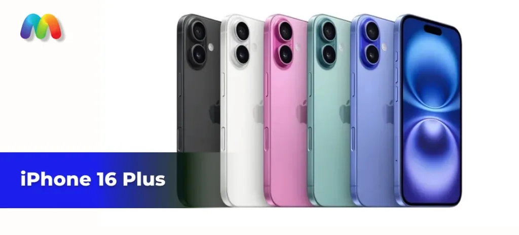 Пять разноцветных моделей iPhone 16 Plus, стоящих в ряд на белом фоне.
