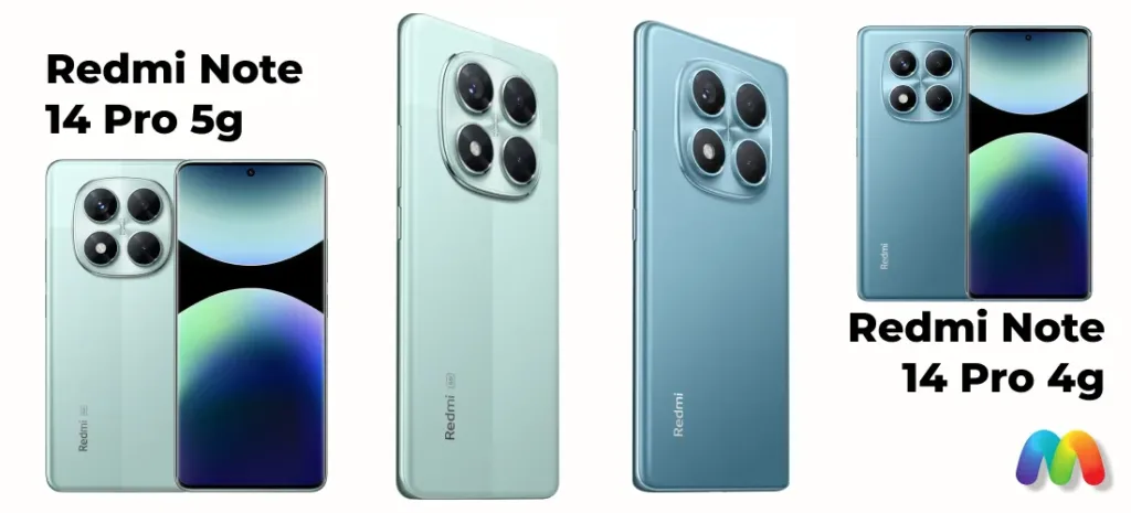Сравнение передней и задней панелей Redmi Note 14 Pro 5G (светло-зеленый) и Redmi Note 14 Pro 4G (голубой).