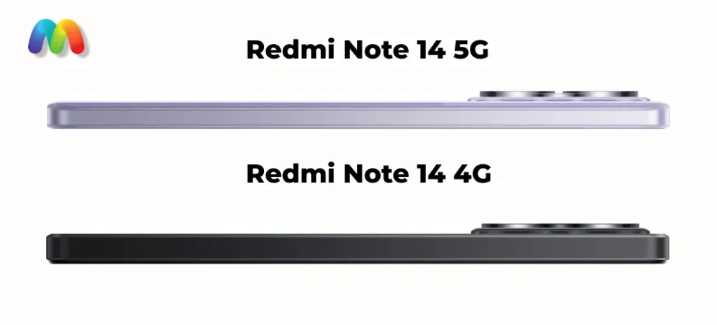 Сравнение левого профиля Redmi Note 14 5G (фиолетовый) и Redmi Note 14 4G (черный).