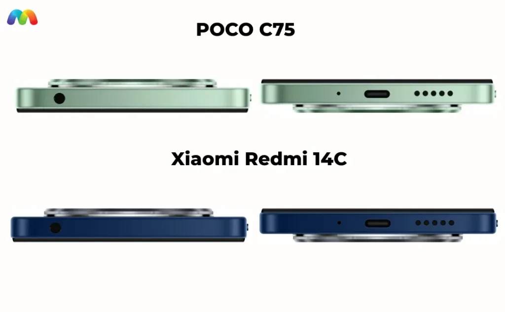 Вид верхней и нижней граней POCO C75 и Xiaomi Redmi 14C