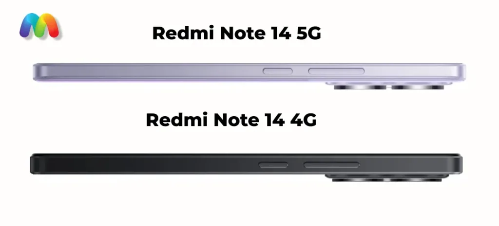 Сравнение правого профиля Redmi Note 14 5G (фиолетовый) и Redmi Note 14 4G (черный) с кнопками.