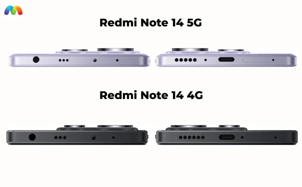 Сравнение верхней и нижней граней Redmi Note 14 5G и 4G, показывающее порты и элементы.