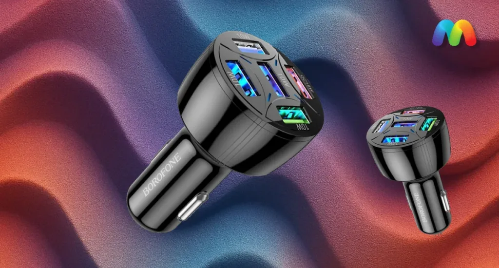 Крупный план: автомобильное зарядное Borofone BZ06 с яркой RGB-подсветкой USB-портов.