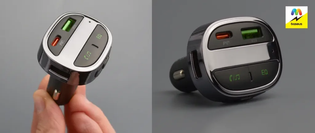 Портативный FM-модулятор Hoco E70 в руке с USB и Type-C зарядками