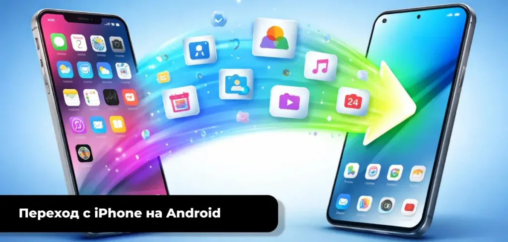 iPhone и современный Android-смартфон на голубом фоне с яркой стрелкой переноса.