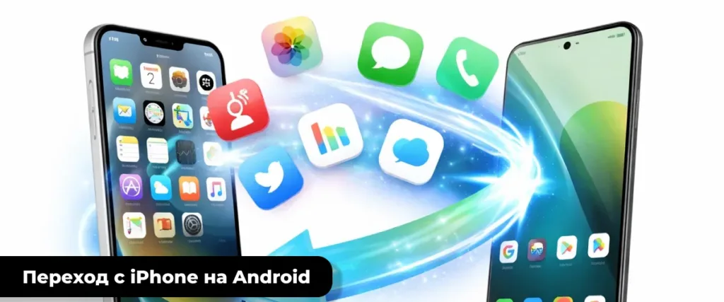 Смартфоны iPhone и Android с летящими между ними иконками приложений на белом фоне.