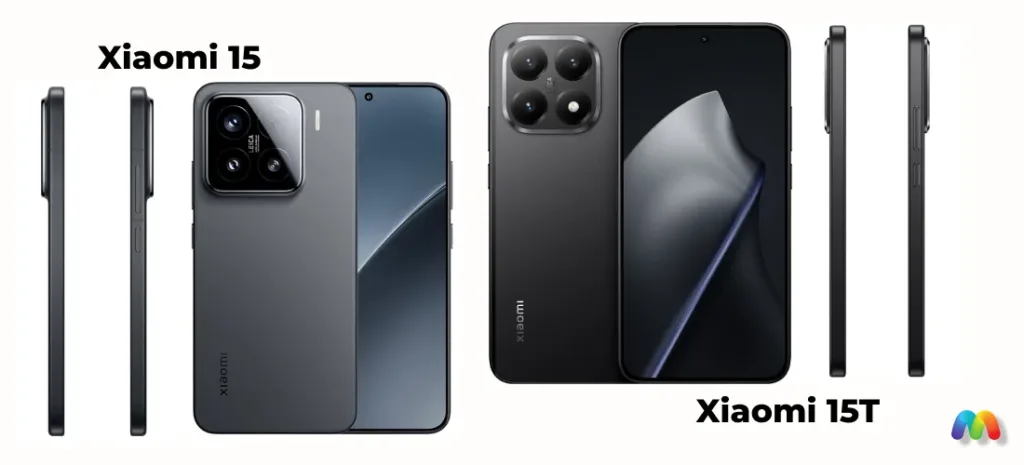 Смартфоны Xiaomi 15 и 15T в ракурсах спереди, сзади и сбоку.