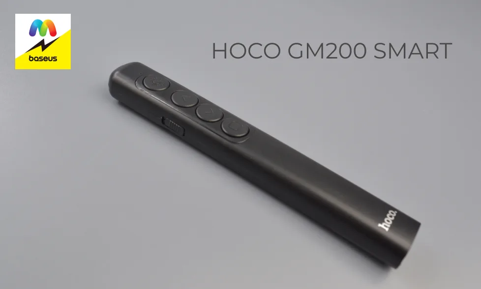 Черный беспроводной презентер Hoco GM200 Smart с логотипом Baseus в углу.