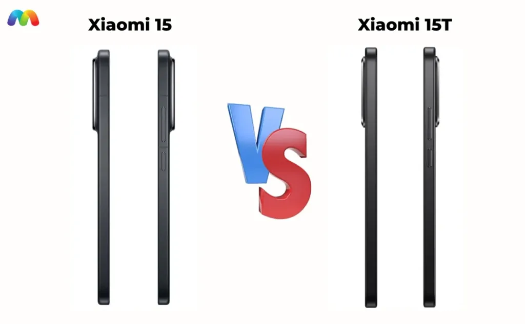 Вид сбоку на смартфоны Xiaomi 15 и Xiaomi 15T, показывающий кнопки управления.