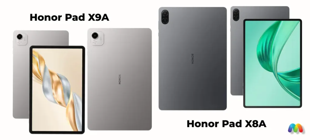 Групповое изображение планшетов Honor Pad X9A (два слева) и Honor Pad X8A (два справа).