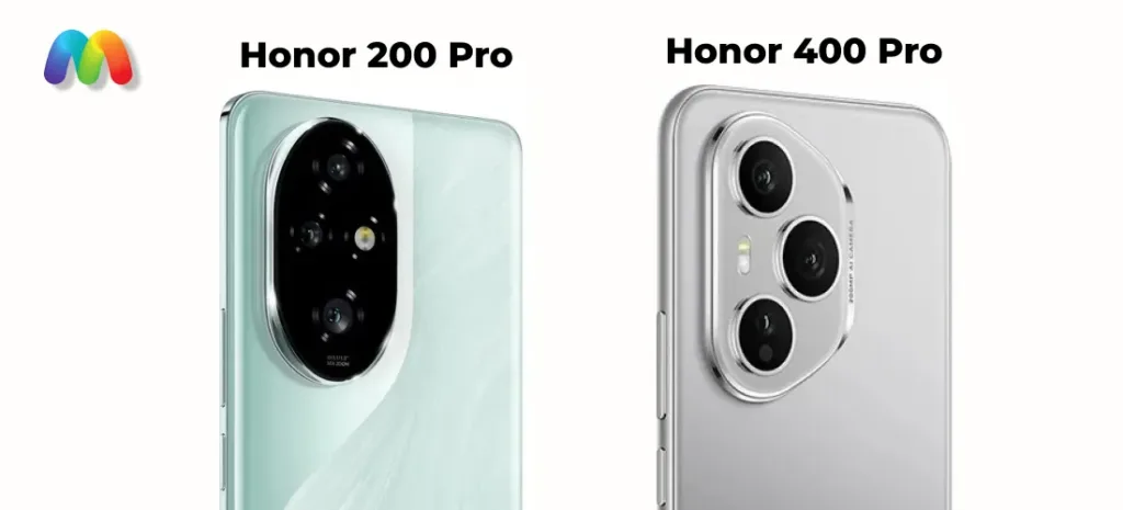 Крупный план модулей камер Honor 200 Pro в мятном цвете и Honor 400 Pro в серебристом цвете.