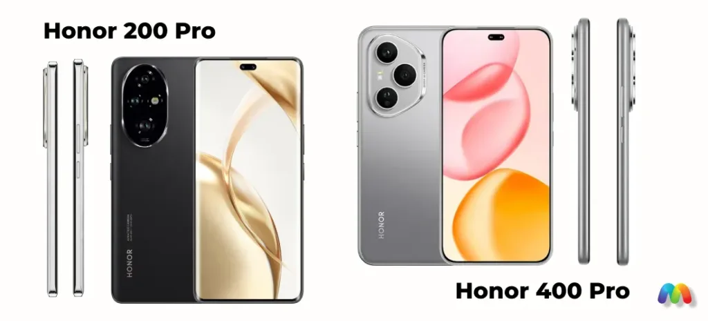 Фронтальный и задний вид смартфонов Honor 200 Pro и Honor 400 Pro с боковыми гранями.