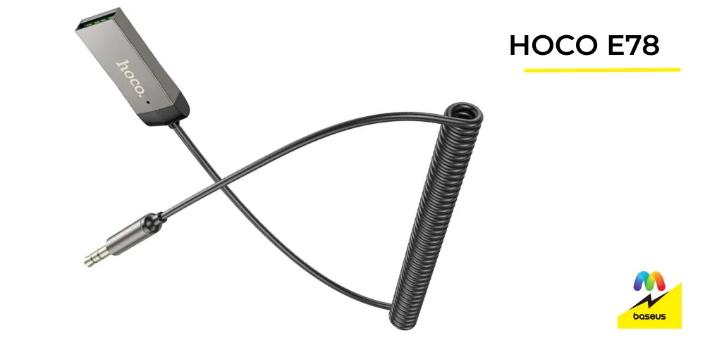 Студийное фото Bluetooth-адаптера Hoco E78 с витым кабелем.