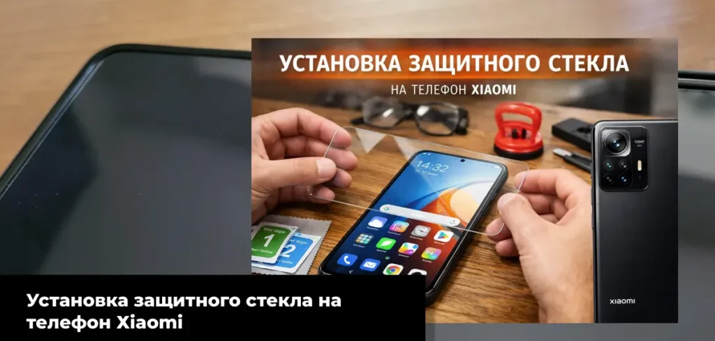 Смартфон, защитное стекло, салфетка из микрофибры и скребок на деревянном столе.