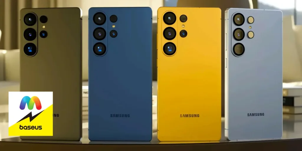 Четыре смартфона Samsung Galaxy S26 Ultra в разных цветах корпуса: оливковый, синий, желтый и серебристый.