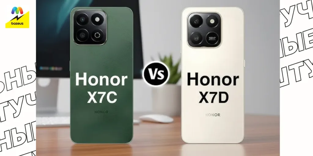Смартфоны Honor X7C и X7D стоят на столе на фоне монитора