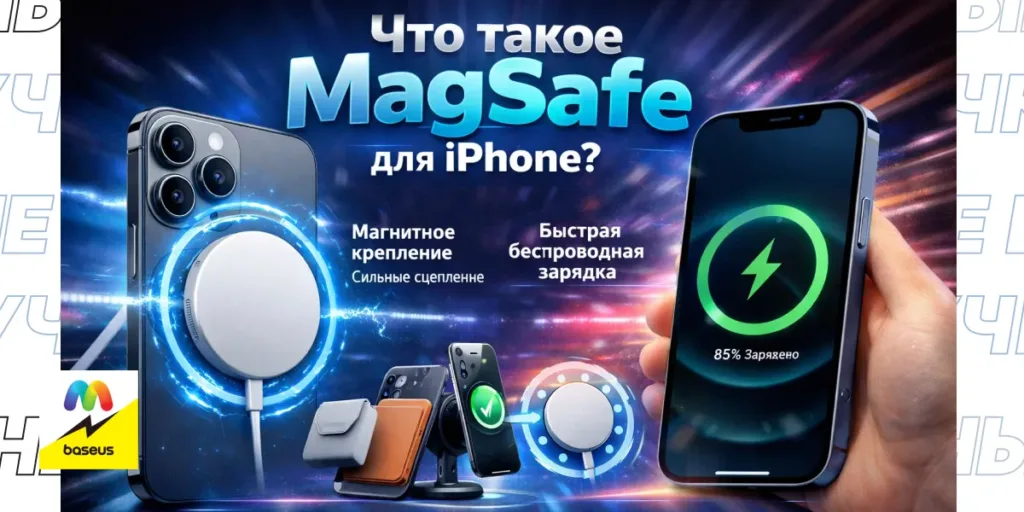iPhone с анимацией зарядки и текстом о сильном сцеплении и быстрой зарядке.