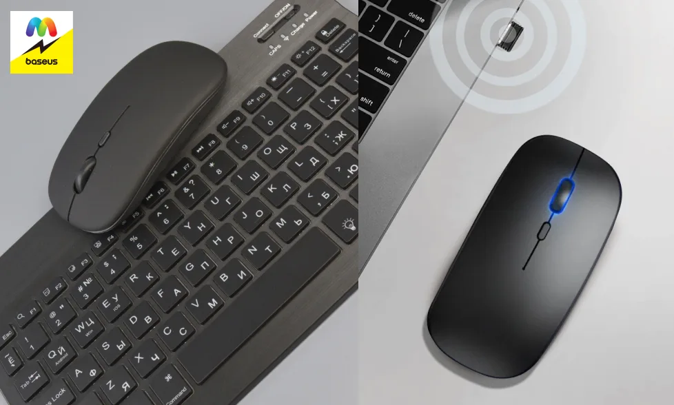 Мышь с подсветкой колесика и USB-ресивер рядом с ноутбуком