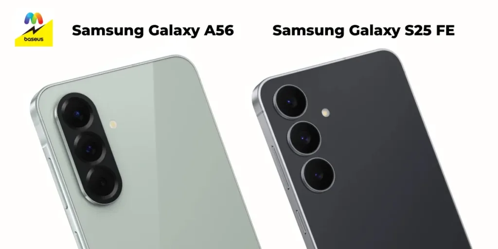 Крупный план верхних частей Samsung A56 и S25 FE