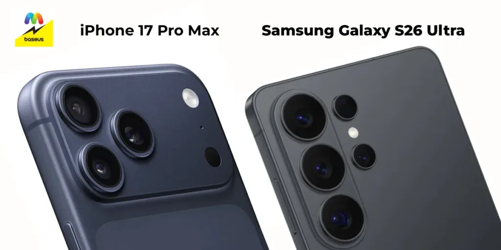 Крупный план модулей камер iPhone 17 Pro Max и Samsung S26 Ultra