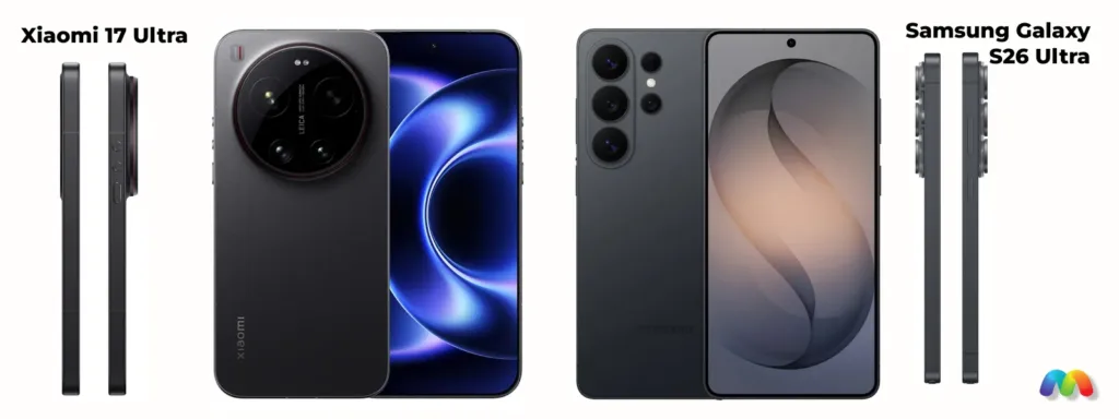Вид спереди, сзади и сбоку Xiaomi 17 Ultra и Galaxy S26 Ultra