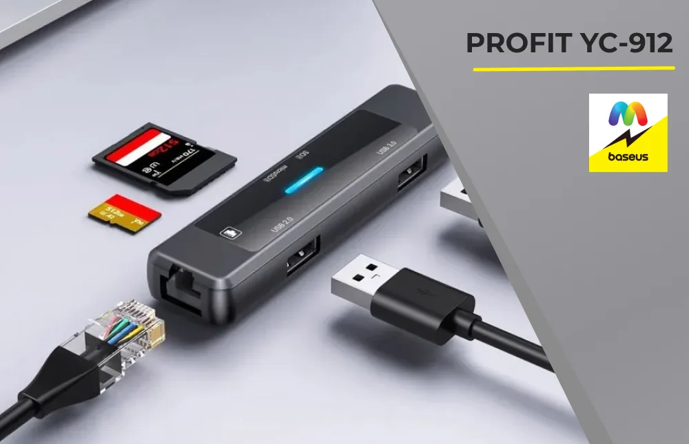 USB-хаб Profit YC-912 с подключенным кабелем Ethernet и картами памяти