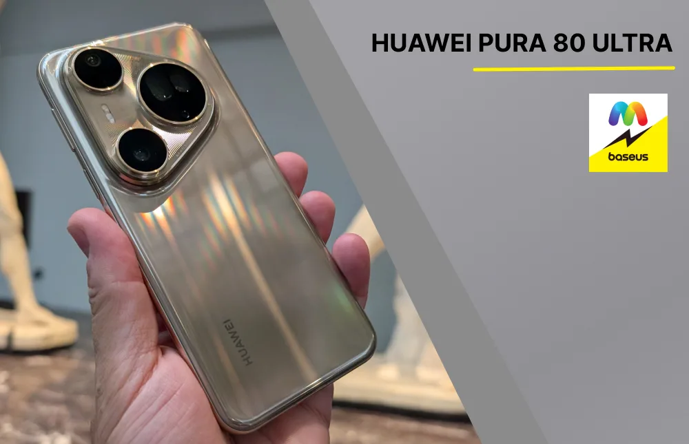 Золотистый Huawei Pura 80 Ultra под углом в руке пользователя