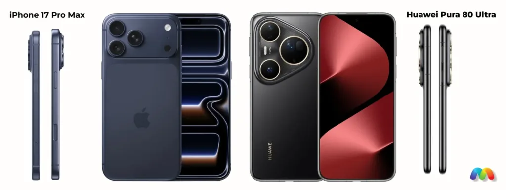 Вид спереди и сзади смартфонов iPhone 17 Pro Max и Huawei Pura 80 Ultra