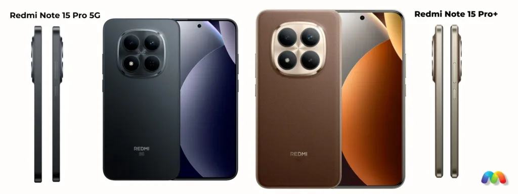Сравнение смартфонов Redmi Note 15 Pro 5G и 15 Pro+ в разных ракурсах