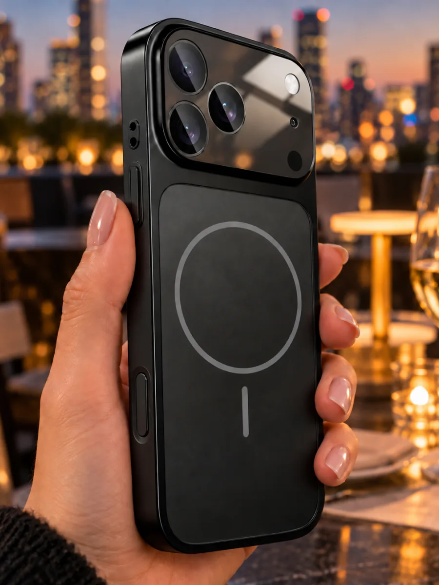 Стеклянный чехол Unipha AG Glass MagSafe (черный) на iPhone 17 Pro — фото 1