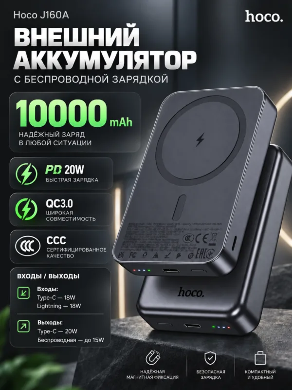 Повербанк Hoco J160A 10000 mAh с беспроводной зарядкой (черный)