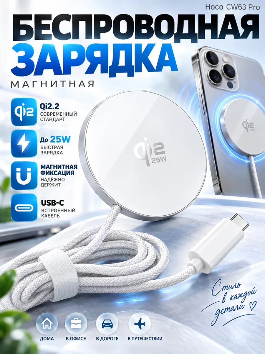 Беспроводная зарядка Hoco CW63 Pro Qi2.2 Magsafe 25W Type-C (белый) — фото 1