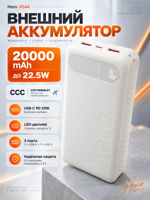 Повербанк Hoco J154A 20000 мАч 22.5W PD 20W CCC белый