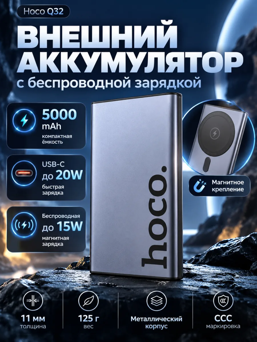 Повербанк Hoco Q32 5000 mAh с беспроводной зарядкой (CCC, серый) — фото 1