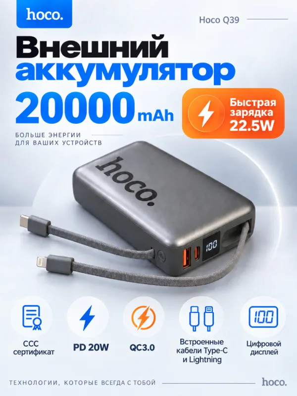 Повербанк Hoco Q39 20000 мАч 22.5W PD 20W CCC серый