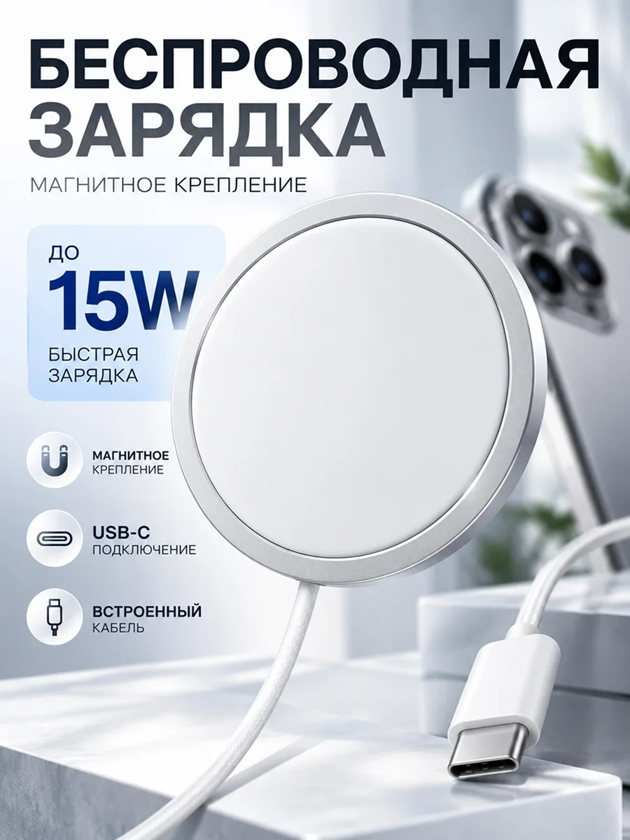 Беспроводная зарядка Hoco AP1 MagSafe 15W Type-C (белая) — фото 1