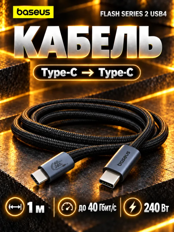 Кабель USB4 Type-C – Type-C Baseus Flash 2 240W, 8K@60Hz, 1 м, черный