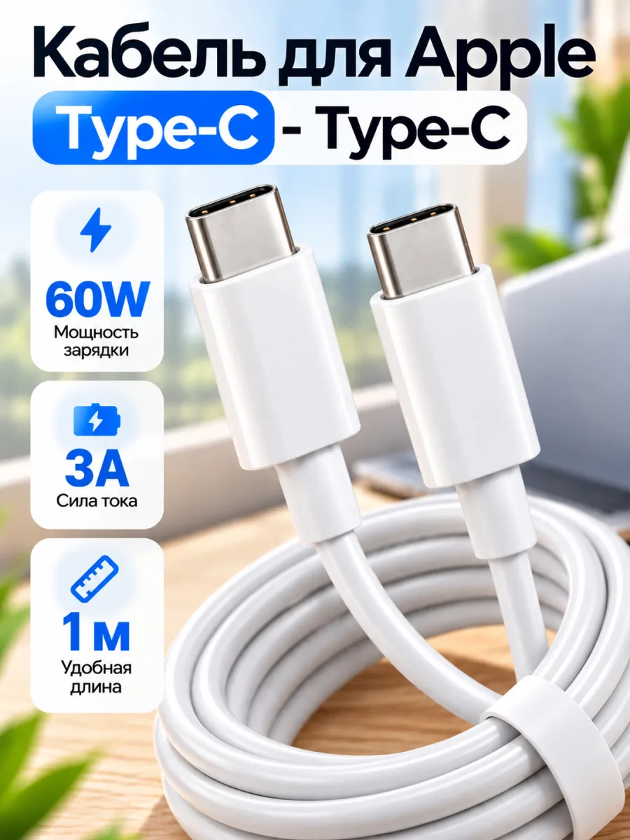 Кабель для Apple с Type-C — Type-C | 60W, 3A, 1 м (белый) — фото 1